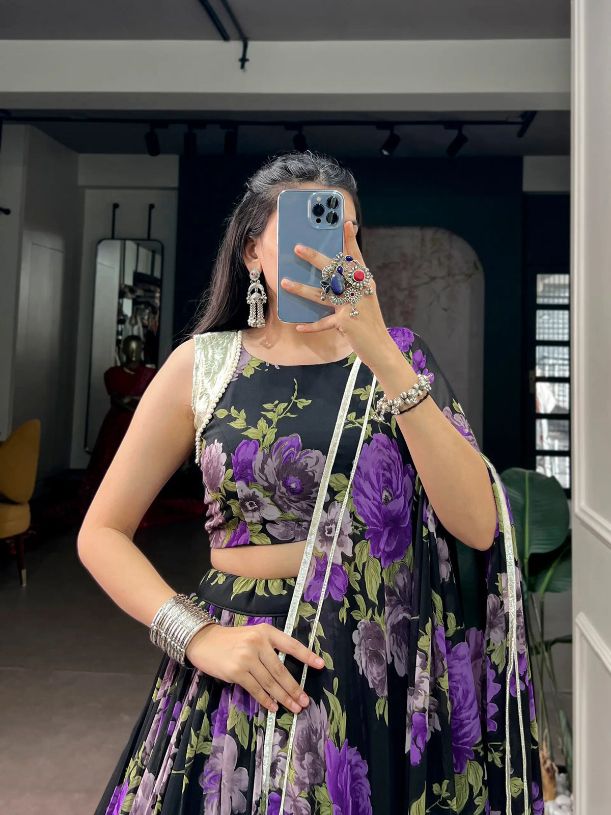 Black-Purple Floral Print Garba Chaniya Choli