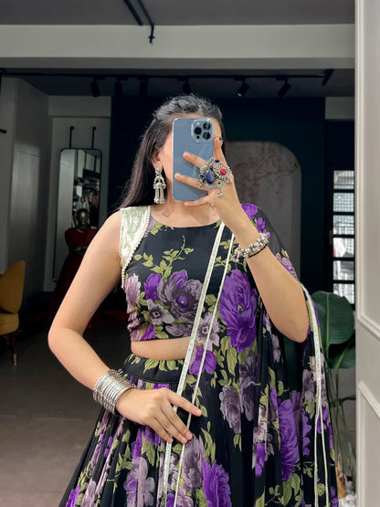 Black-Purple Floral Print Garba Chaniya Choli
