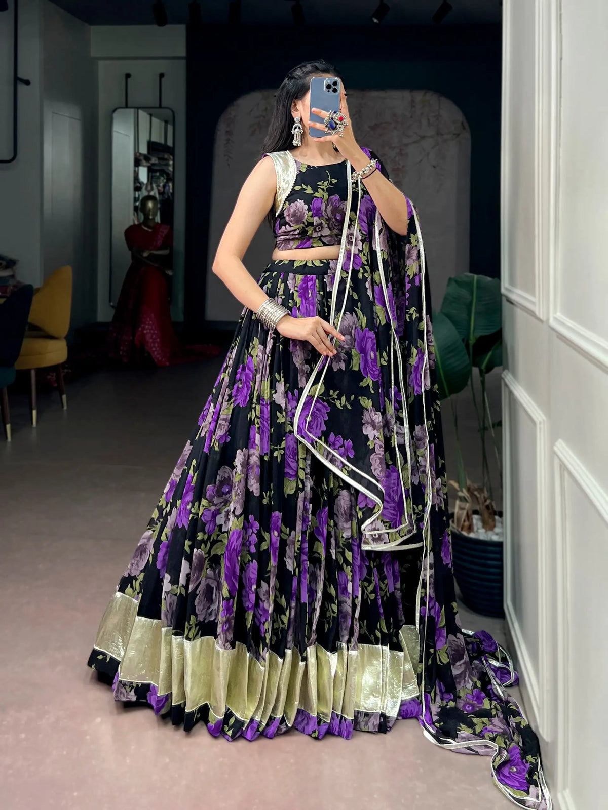 Black-Purple Floral Print Garba Chaniya Choli