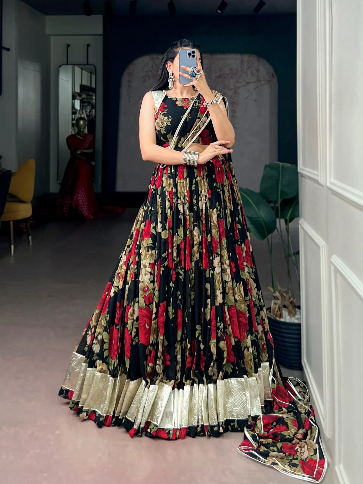 Black-Red Floral Print Garba Chaniya Choli