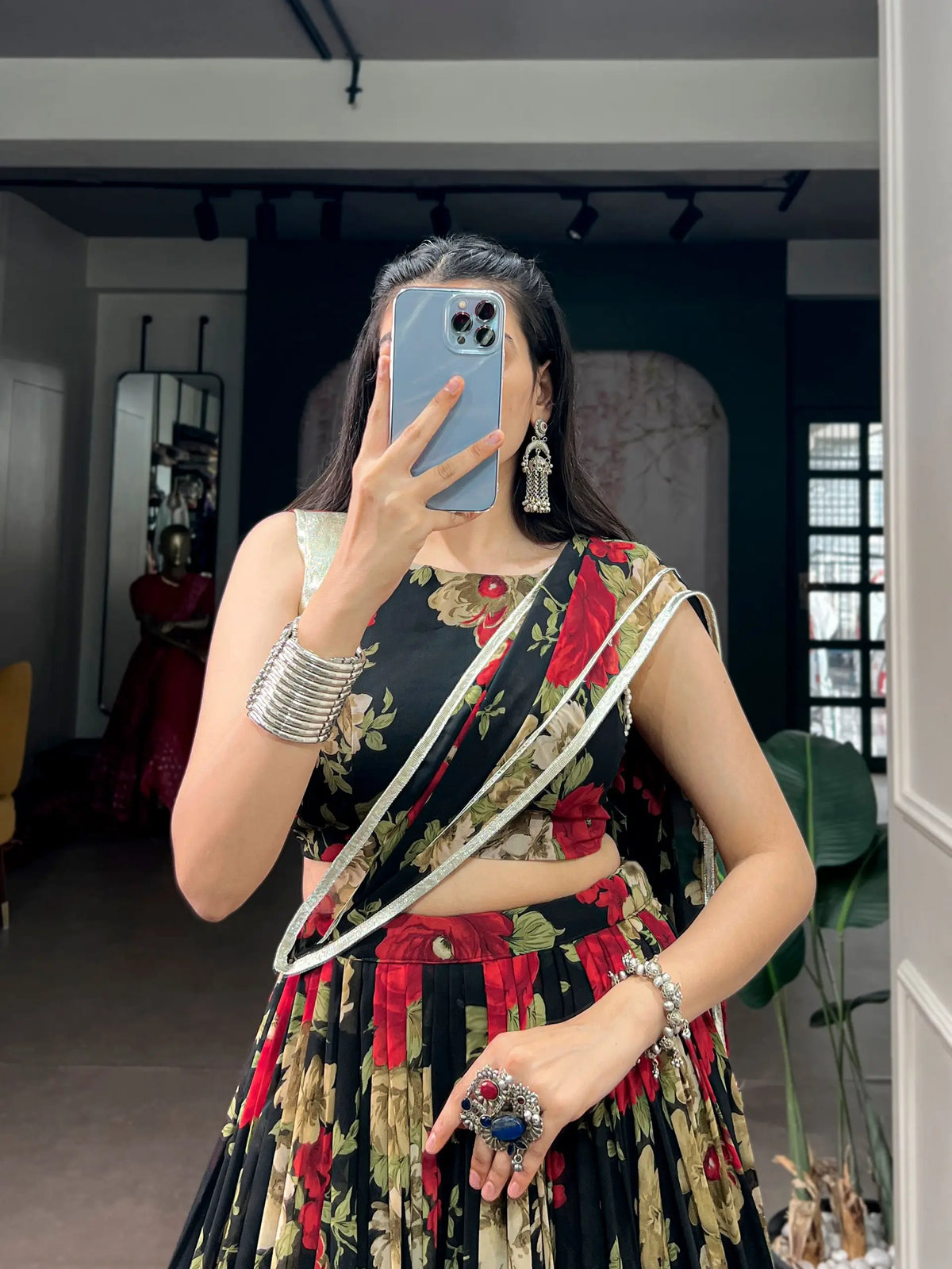 Black-Red Floral Print Garba Chaniya Choli