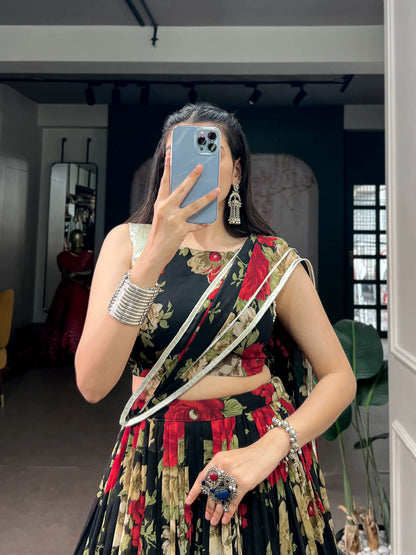 Black-Red Floral Print Garba Chaniya Choli