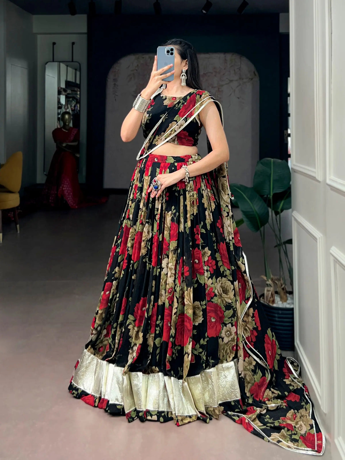 Black-Red Floral Print Garba Chaniya Choli