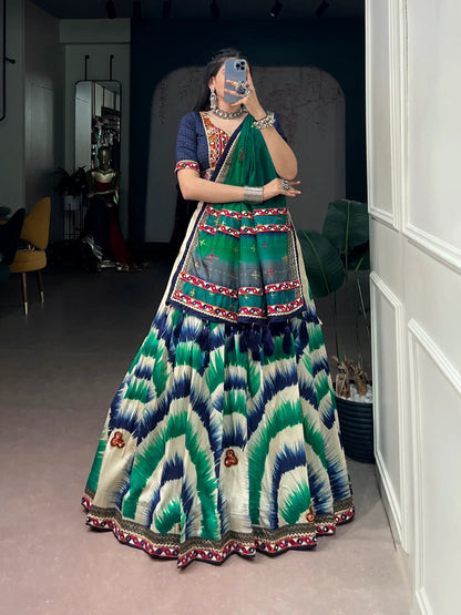 Blue Printed Navratri Chaniya Choli With Gamthi Work