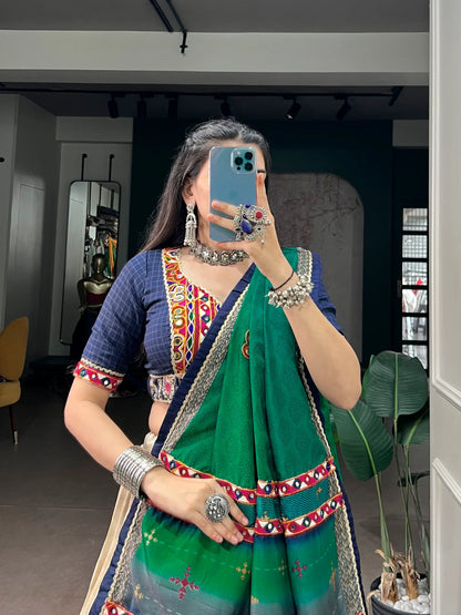 Blue Printed Navratri Chaniya Choli With Gamthi Work