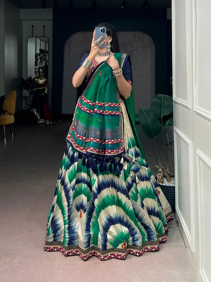 Blue Printed Navratri Chaniya Choli With Gamthi Work