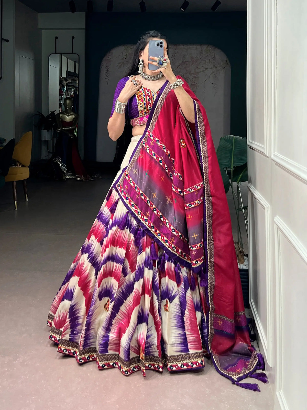 Purple Printed Navratri Chaniya Choli With Gamthi Work
