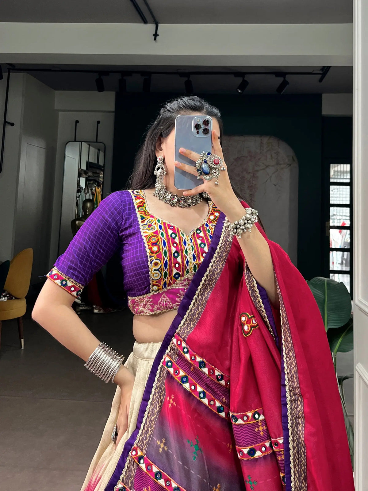 Purple Printed Navratri Chaniya Choli With Gamthi Work