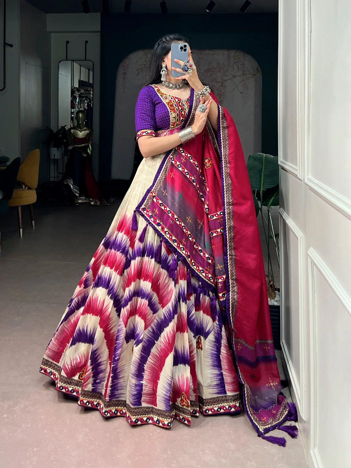 Purple Printed Navratri Chaniya Choli With Gamthi Work