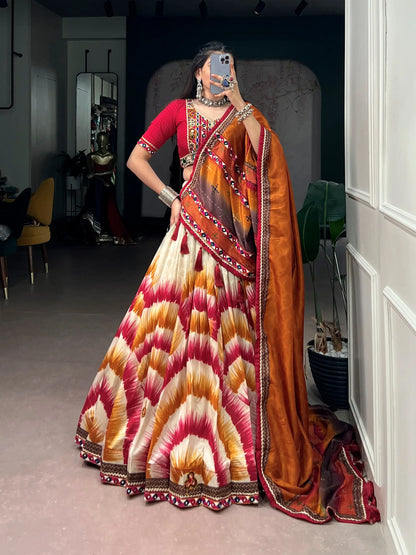 Red Printed Navratri Chaniya Choli With Gamthi Work