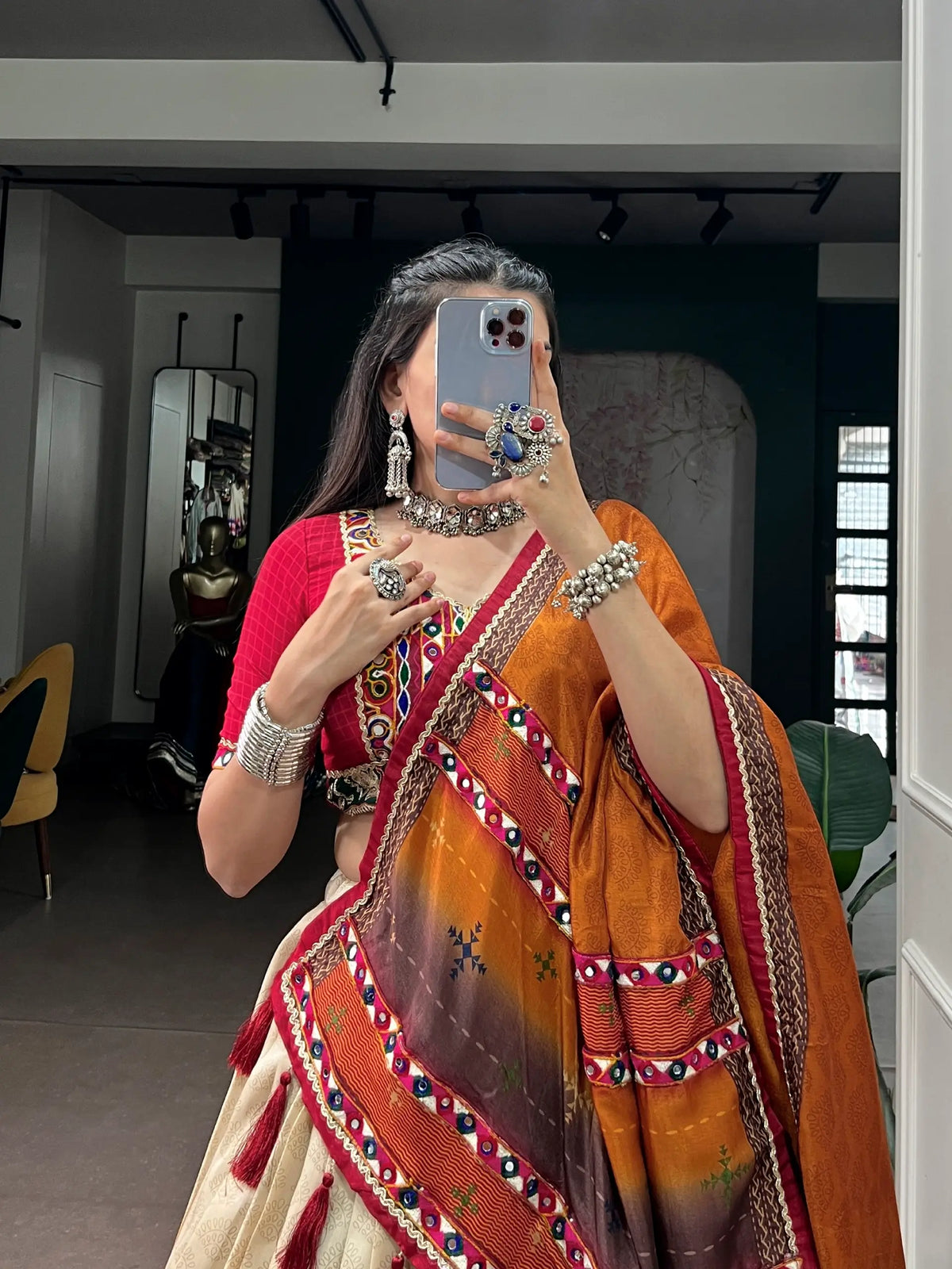 Red Printed Navratri Chaniya Choli With Gamthi Work