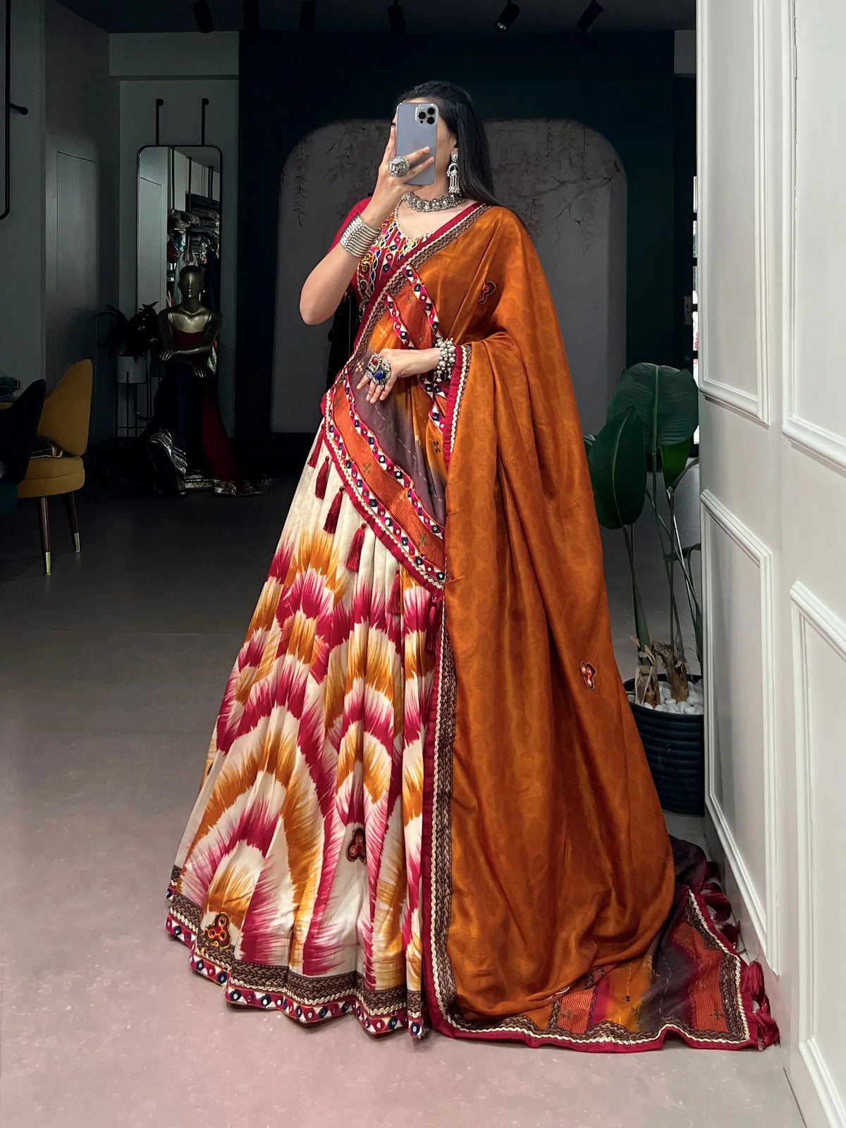 Red Printed Navratri Chaniya Choli With Gamthi Work