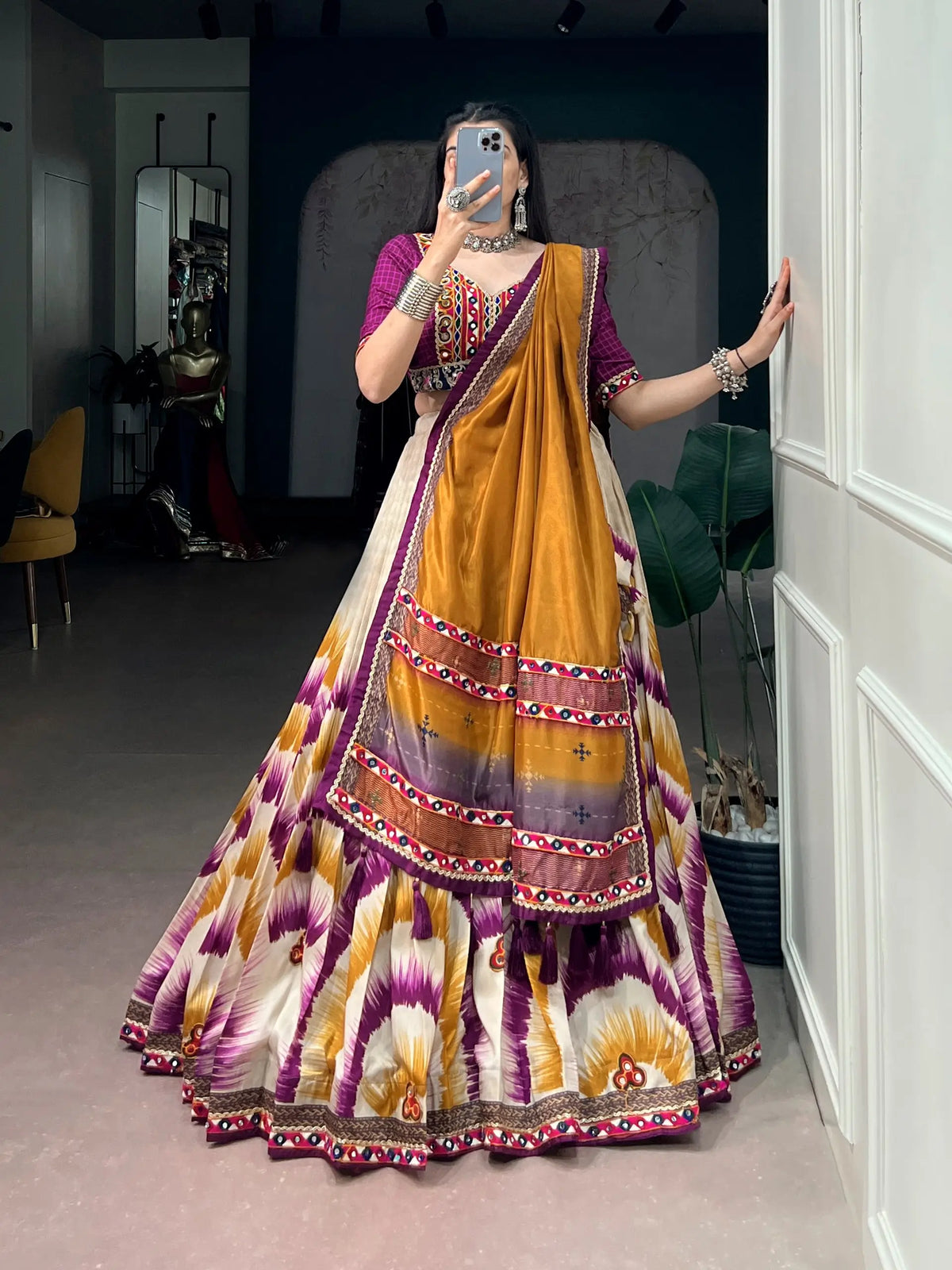 Wine Printed Navratri Chaniya Choli With Gamthi Work