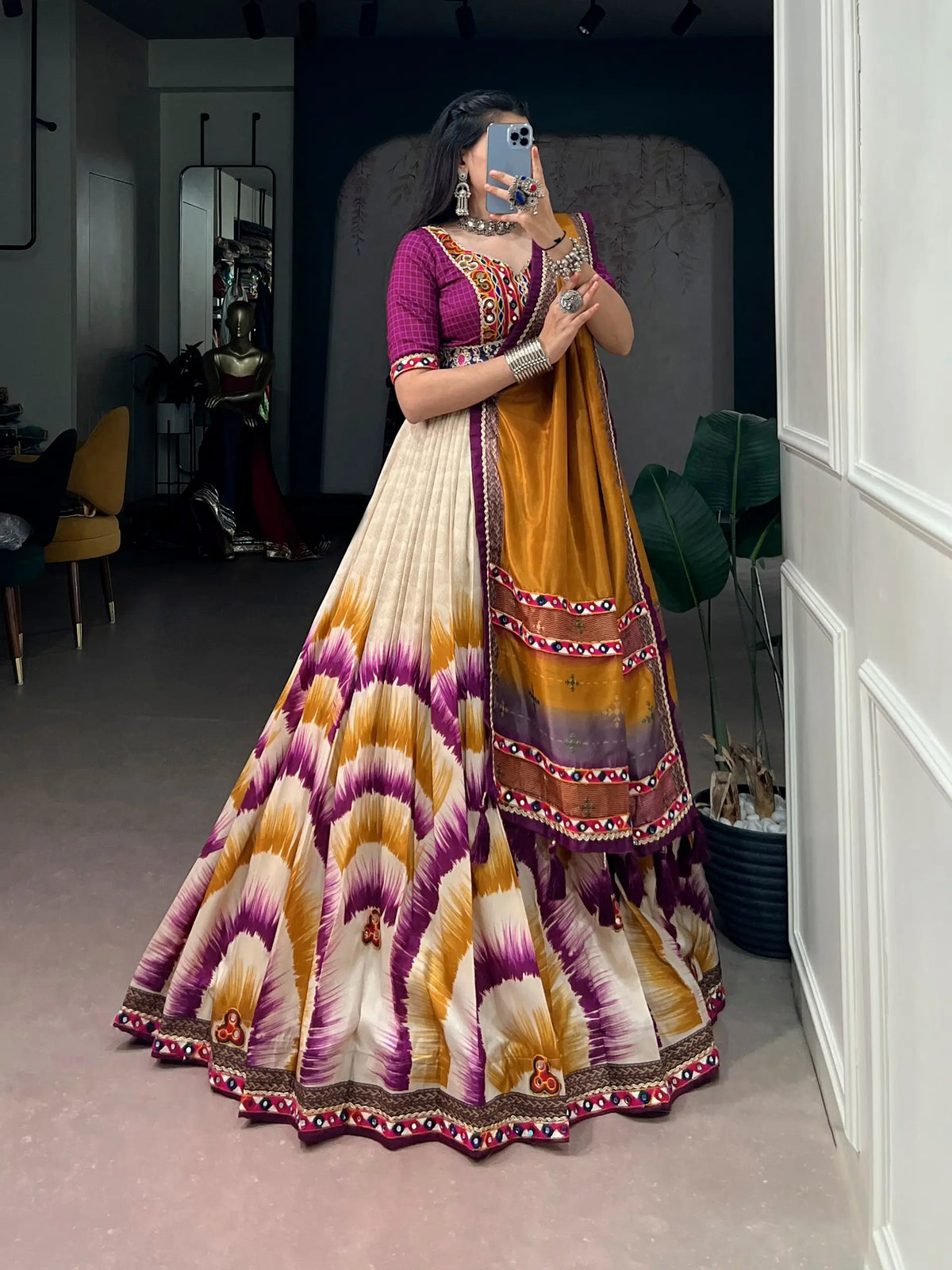 Wine Printed Navratri Chaniya Choli With Gamthi Work