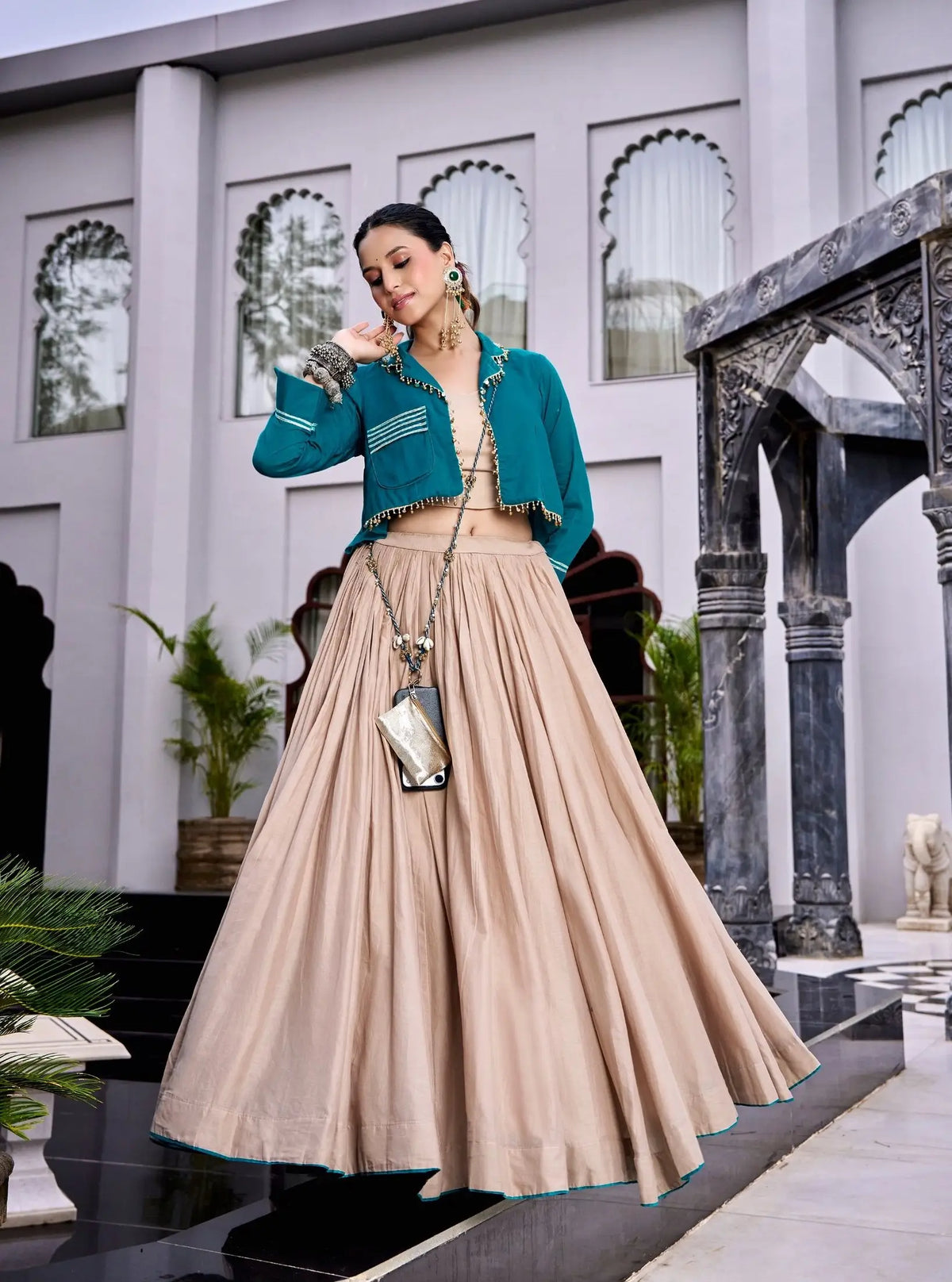 Beige Cotton Garba Chaniya Choli With Koti