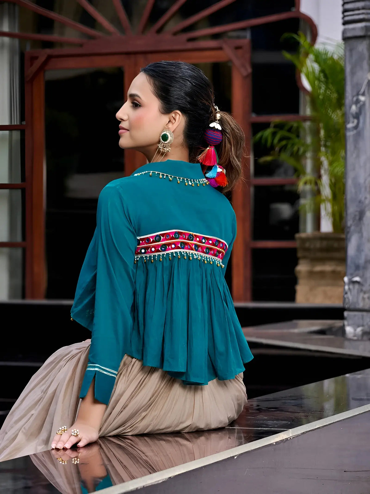 Beige Cotton Garba Chaniya Choli With Koti
