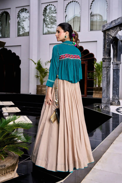 Beige Cotton Garba Chaniya Choli With Koti