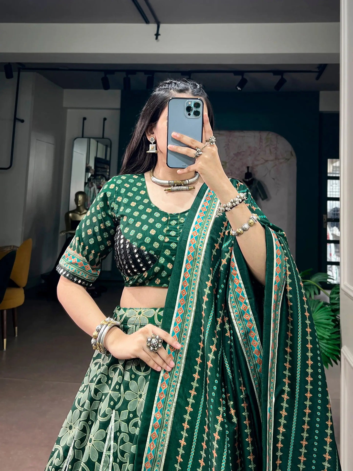 Green Tasar Silk Navratri Chaniya Choli