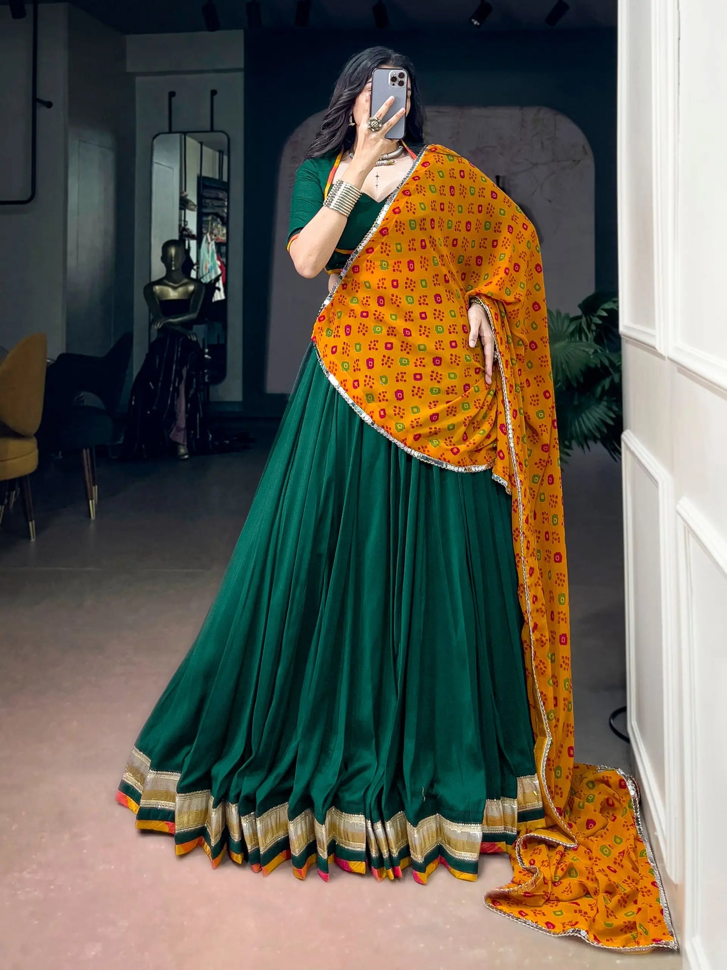 Green Navratri Lehenga With Lace Touch Up
