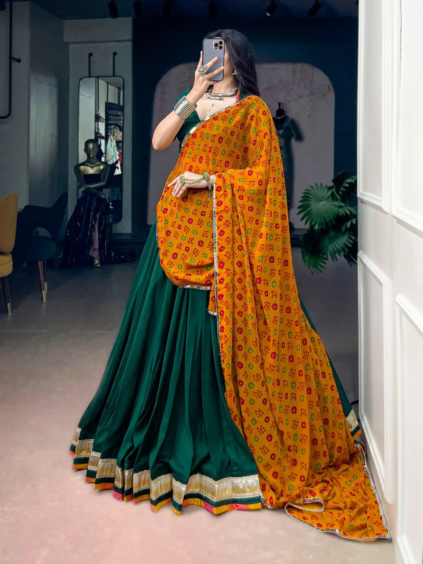 Green Navratri Lehenga With Lace Touch Up