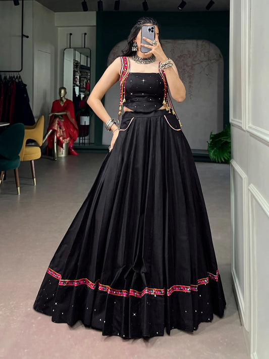 Black Cotton Mirror & Kutchi Work Chaniya Choli