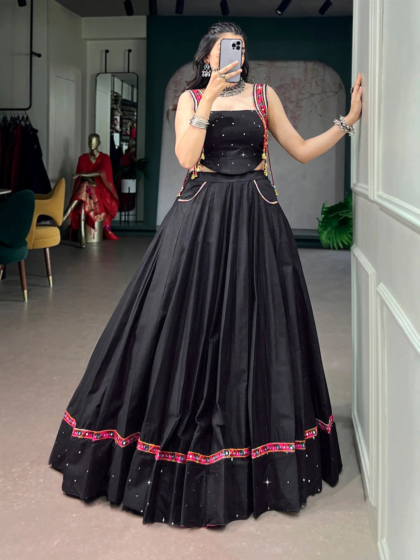 Black Cotton Mirror & Kutchi Work Chaniya Choli