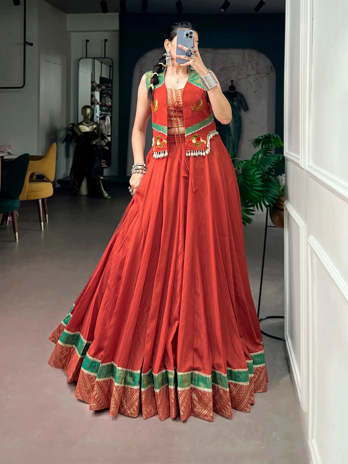 Rust Orange Garba Chaniya Choli With Koti