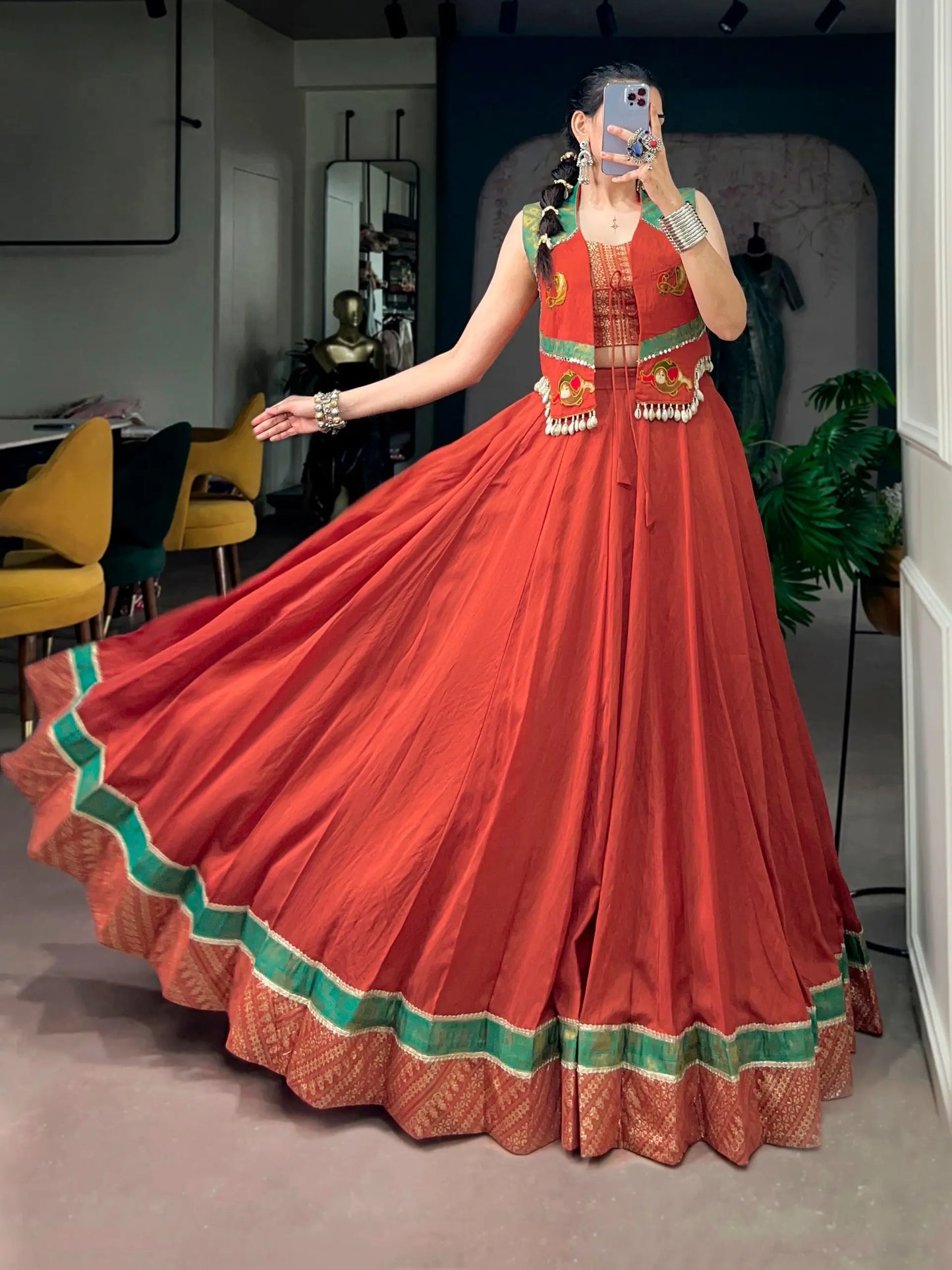 Rust Orange Garba Chaniya Choli With Koti