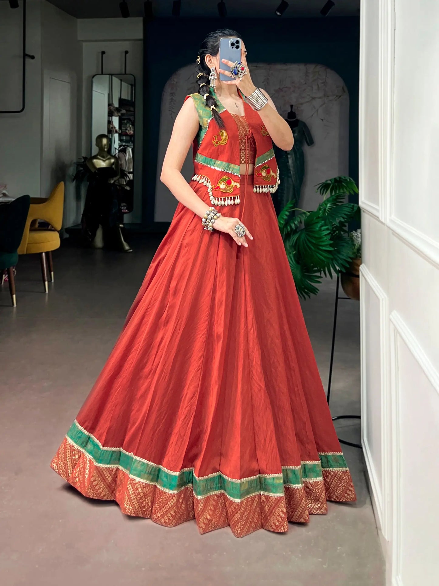 Rust Orange Garba Chaniya Choli With Koti