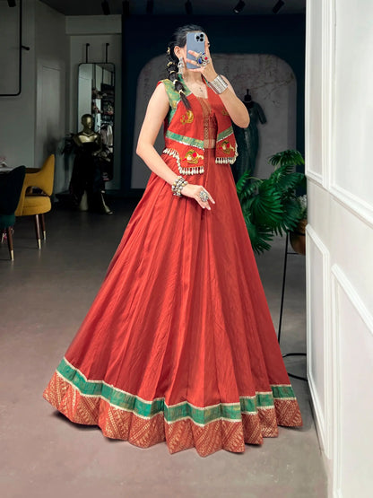Rust Orange Garba Chaniya Choli With Koti