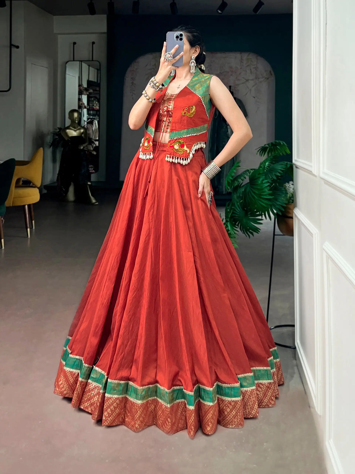 Rust Orange Garba Chaniya Choli With Koti