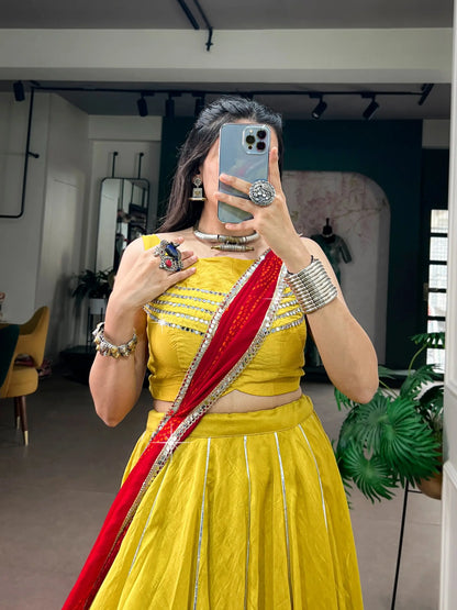 Yellow Chanderi Gamthi Work Garba Chaniya choli