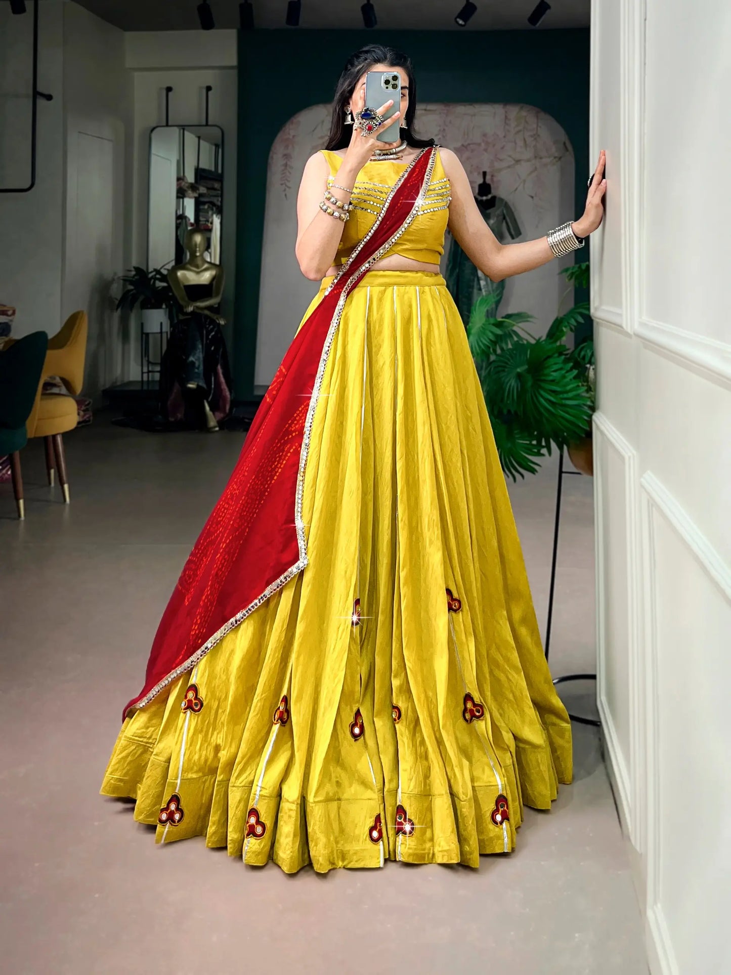 Yellow Chanderi Gamthi Work Garba Chaniya choli