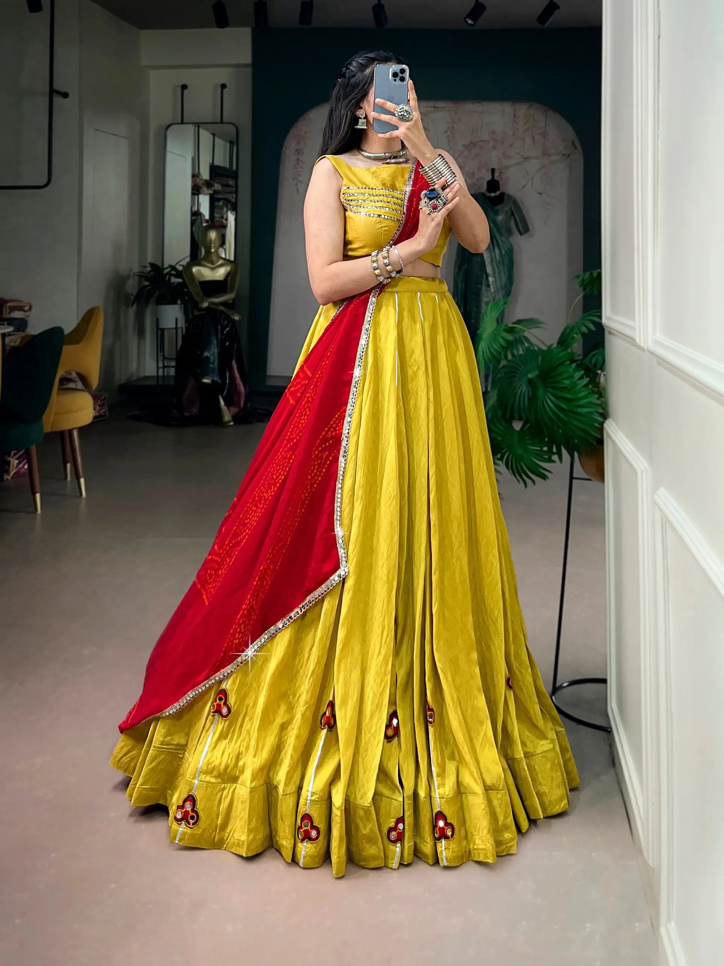 Yellow Chanderi Gamthi Work Garba Chaniya choli