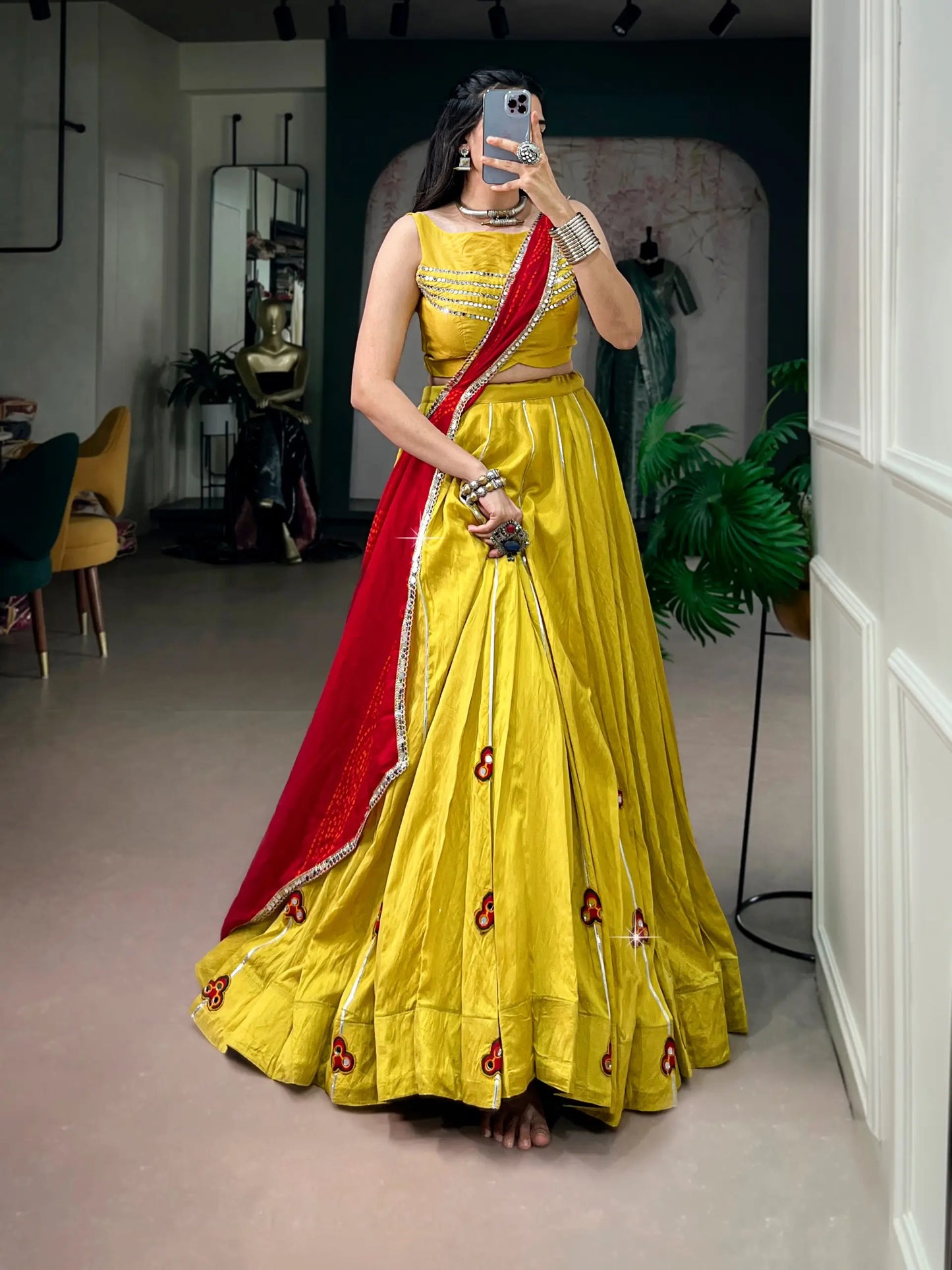 Yellow Chanderi Gamthi Work Garba Chaniya choli