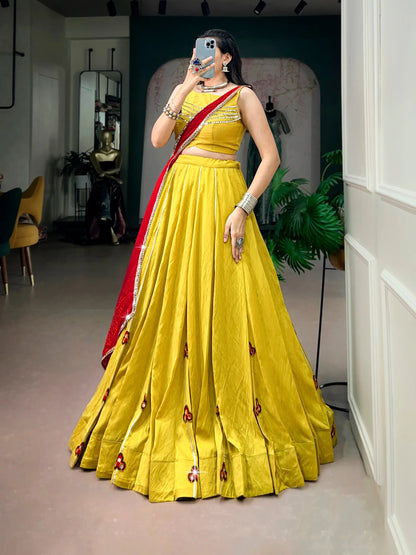Yellow Chanderi Gamthi Work Garba Chaniya choli