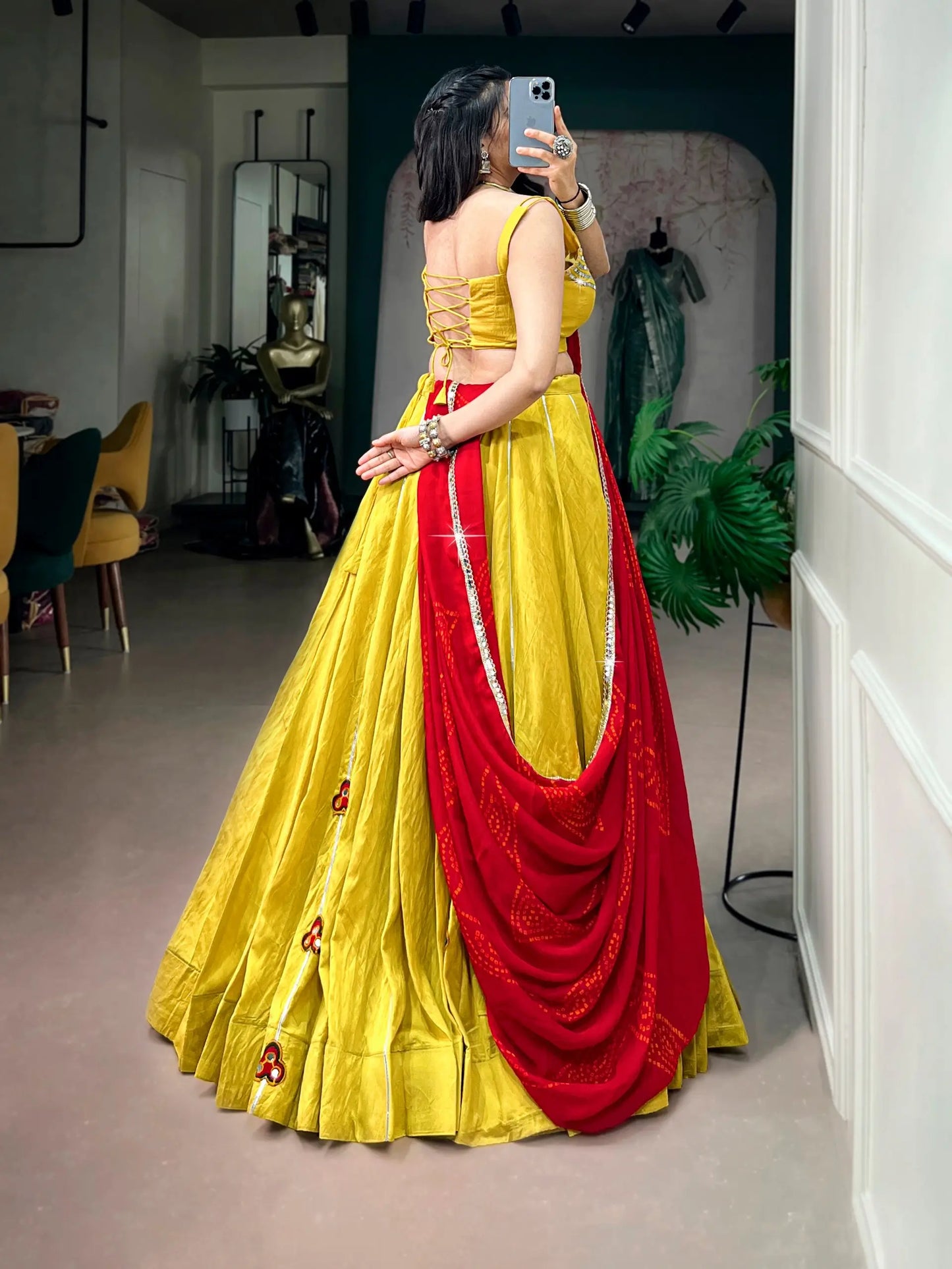 Yellow Chanderi Gamthi Work Garba Chaniya choli