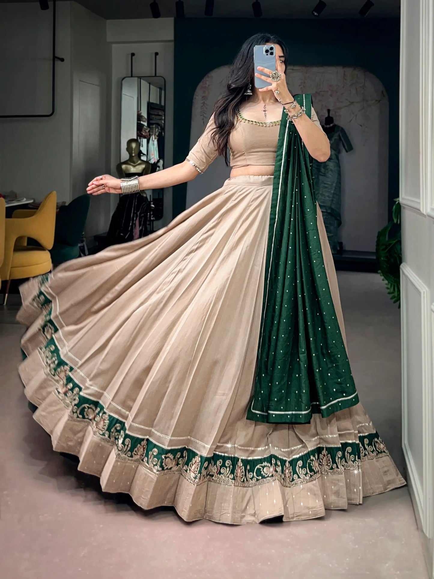 Dark Beige Chanderi Garba Chaniya Choli
