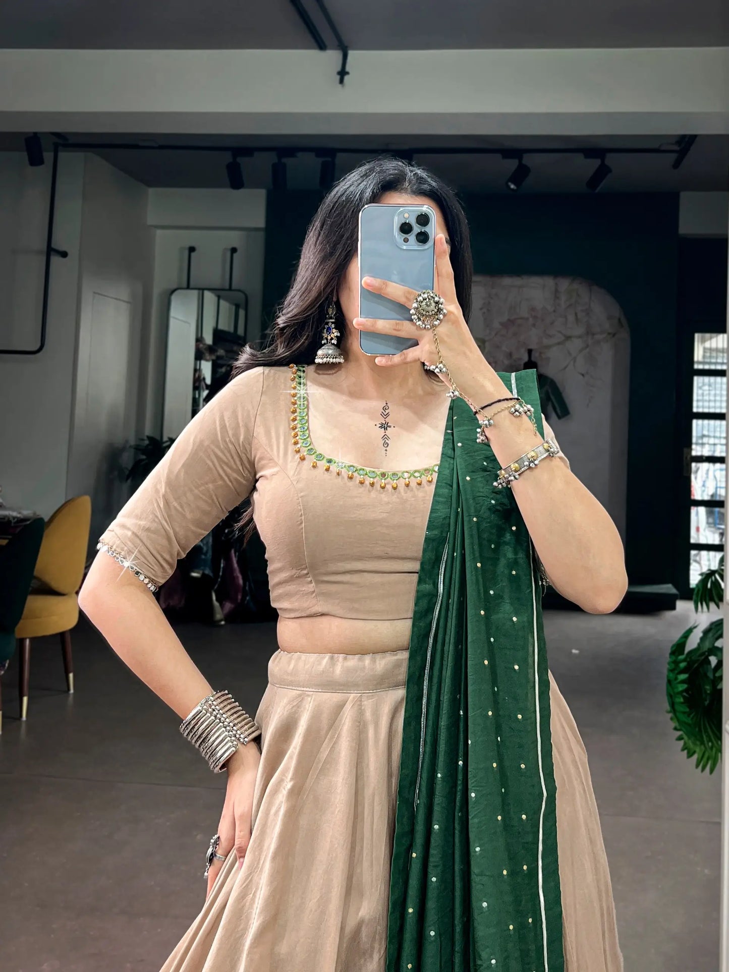 Dark Beige Chanderi Garba Chaniya Choli