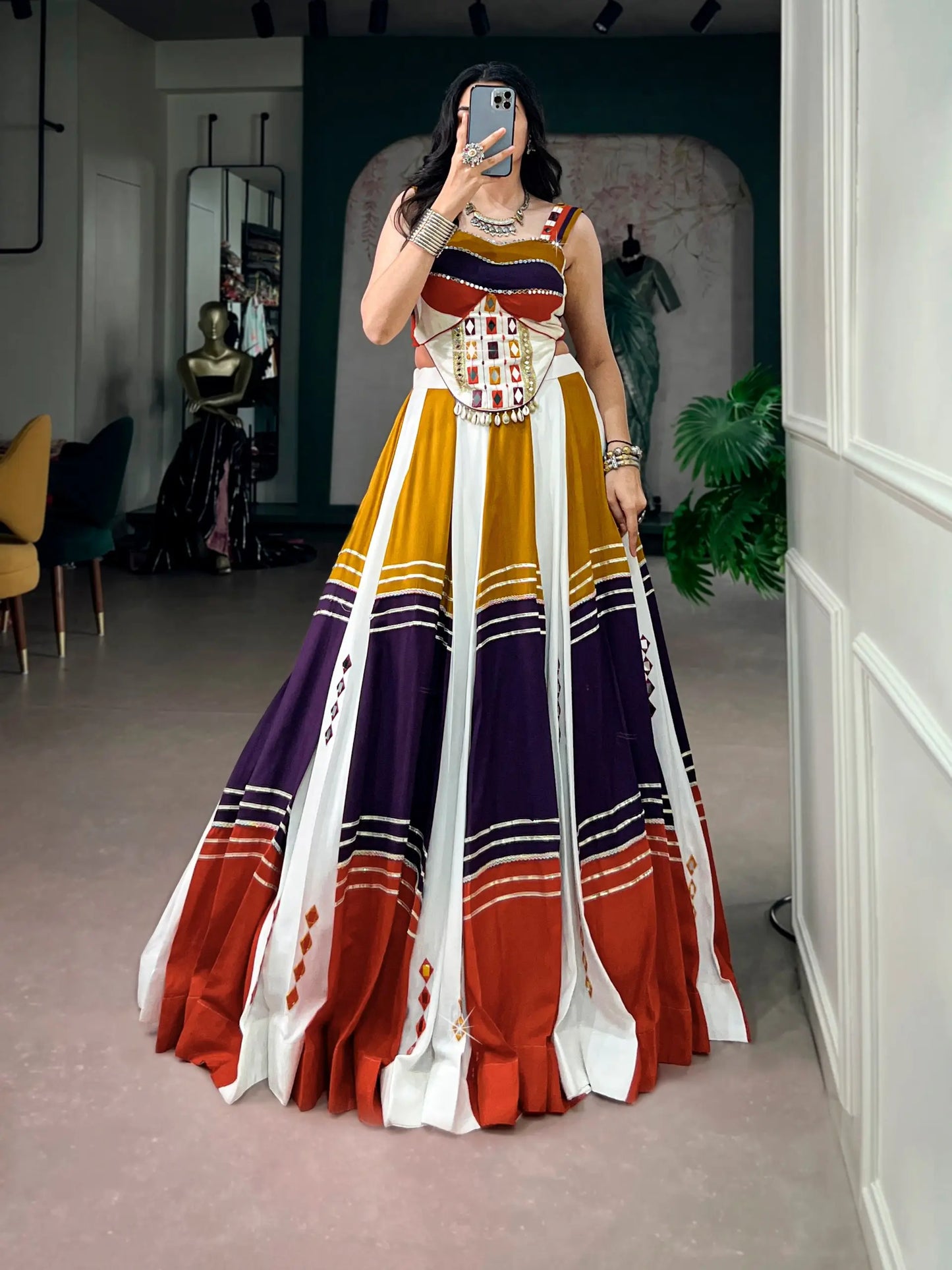 Multicolor Chaniya Choli With Mirror & Lace Touch Up