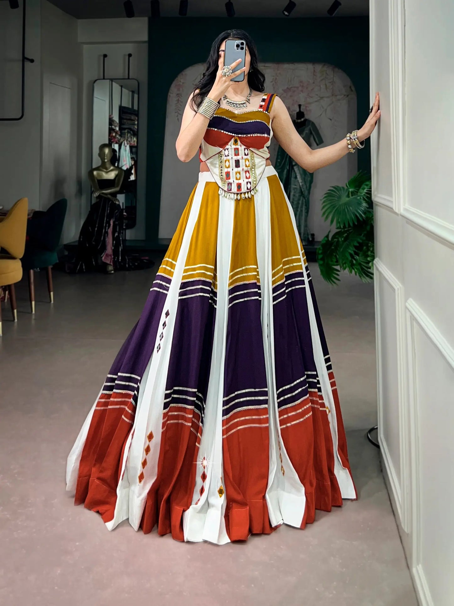 Multicolor Chaniya Choli With Mirror & Lace Touch Up