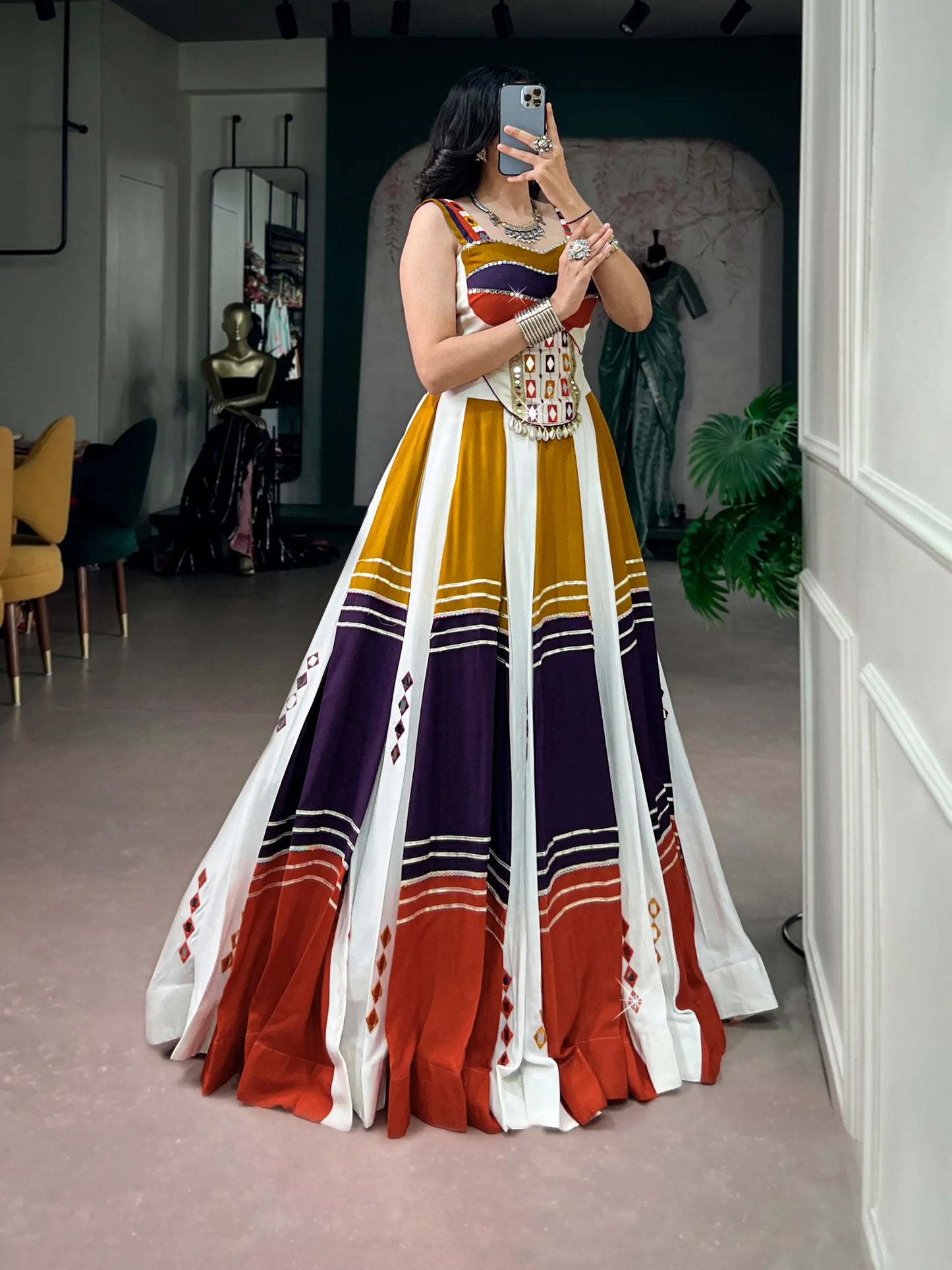 Multicolor Chaniya Choli With Mirror & Lace Touch Up