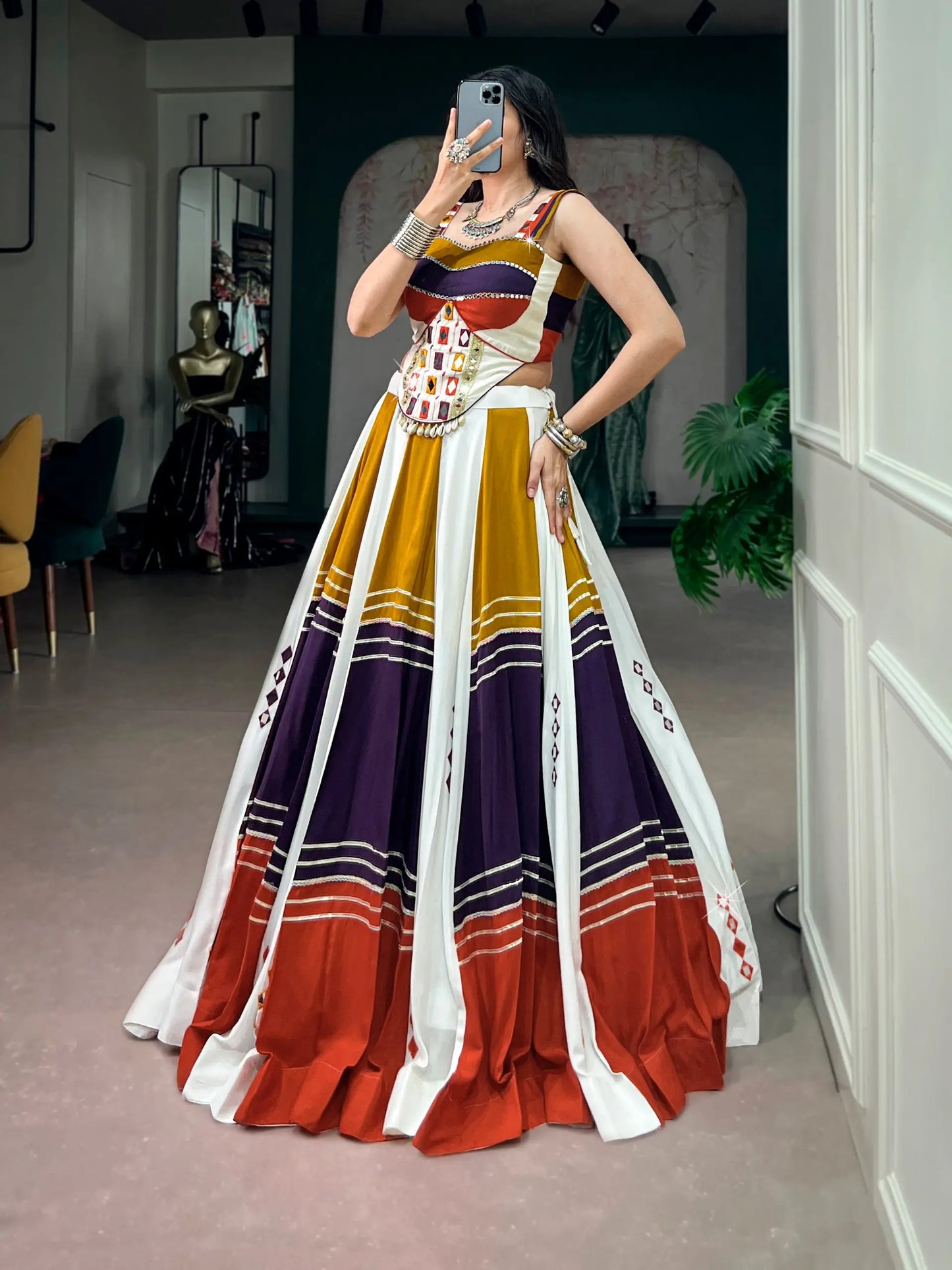 Multicolor Chaniya Choli With Mirror & Lace Touch Up
