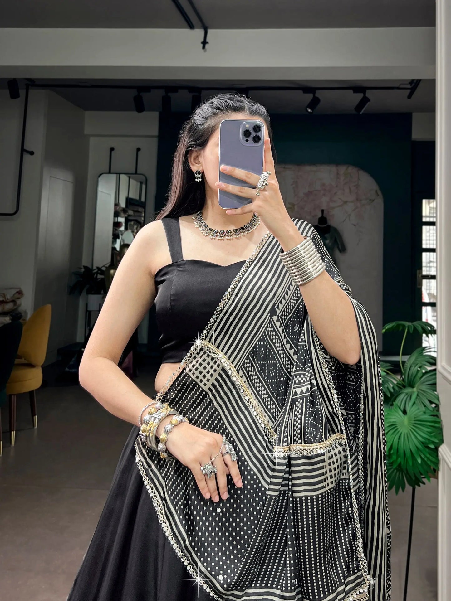 Black Navratri Chaniya Choli With Printed Dupatta
