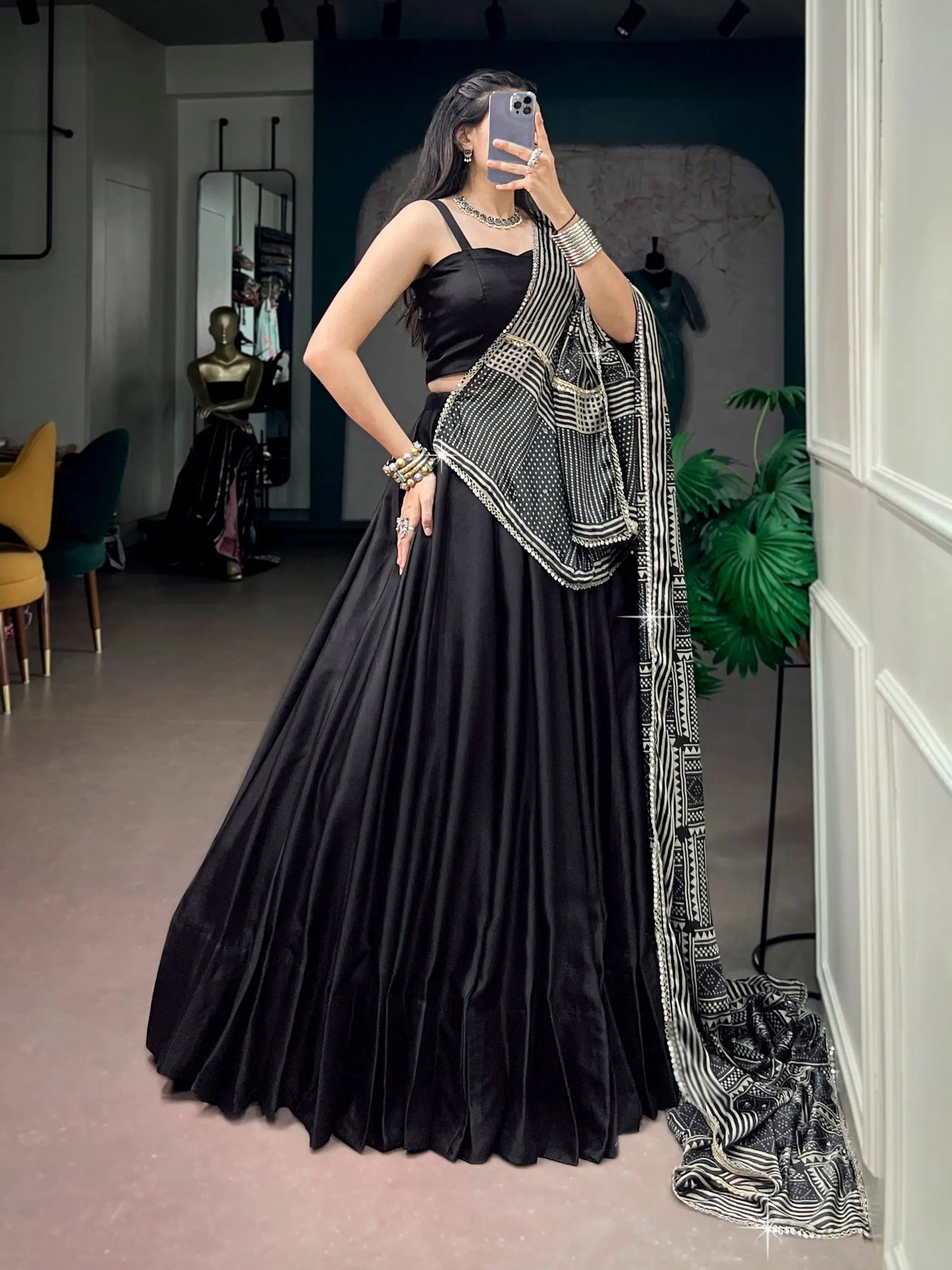 Black Navratri Chaniya Choli With Printed Dupatta
