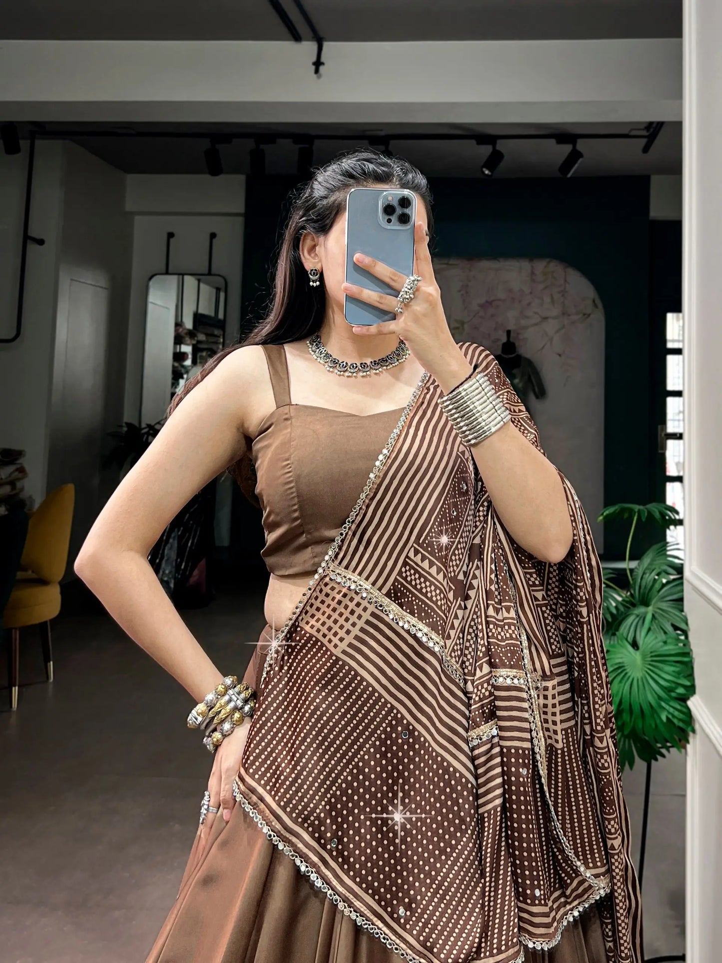 Brown Navratri Chaniya Choli With Printed Dupatta