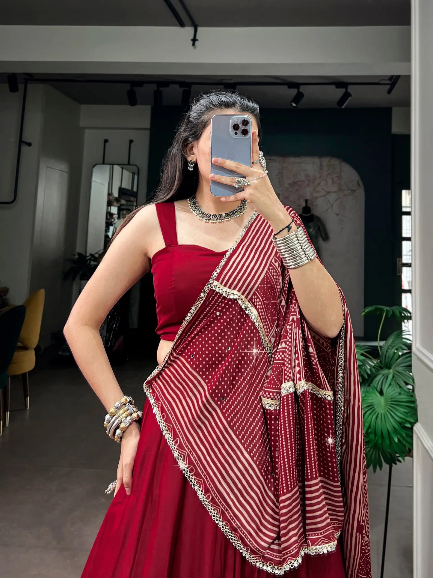 Red Navratri Chaniya Choli With Printed Dupatta