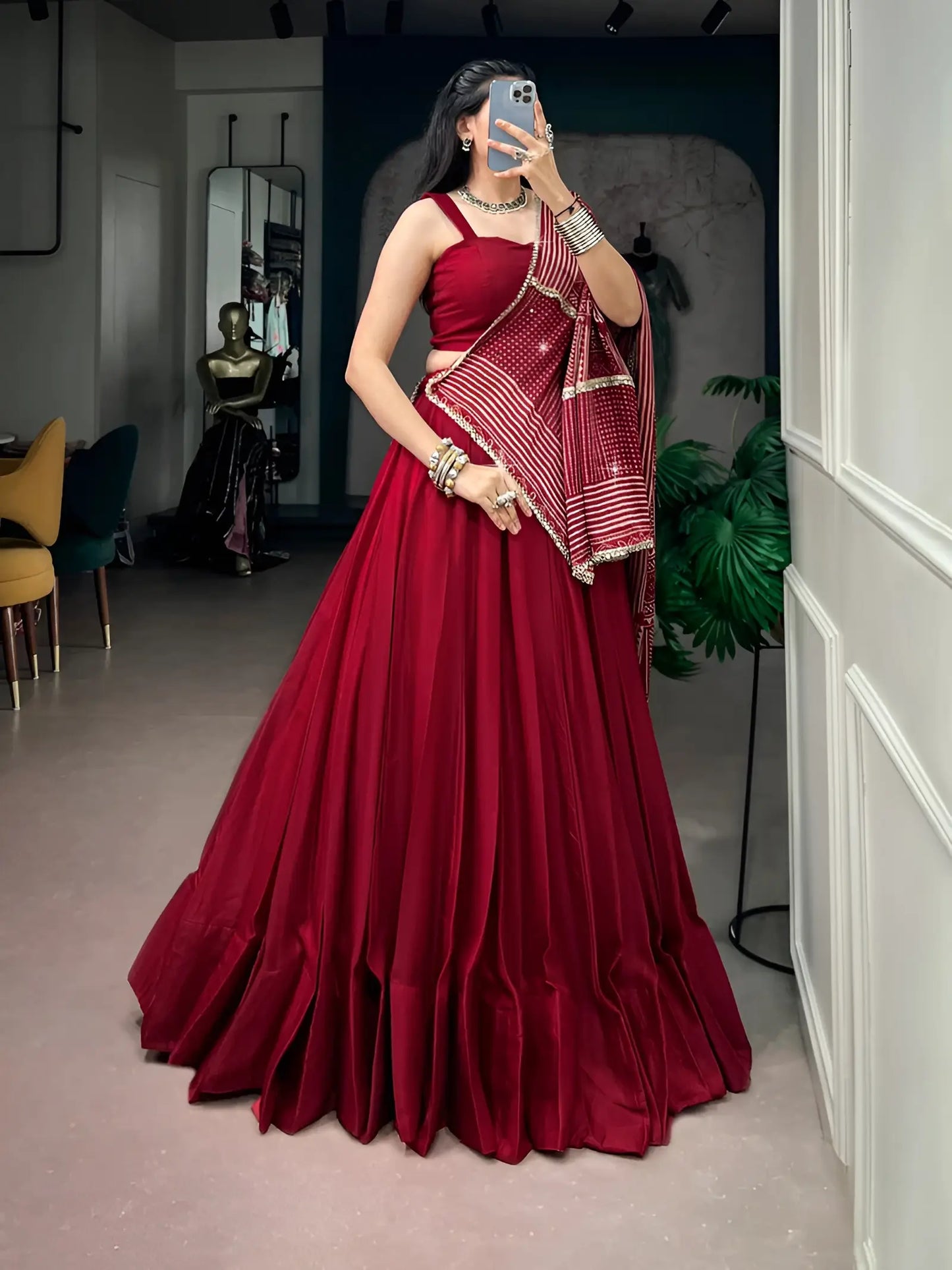 Red Navratri Chaniya Choli With Printed Dupatta