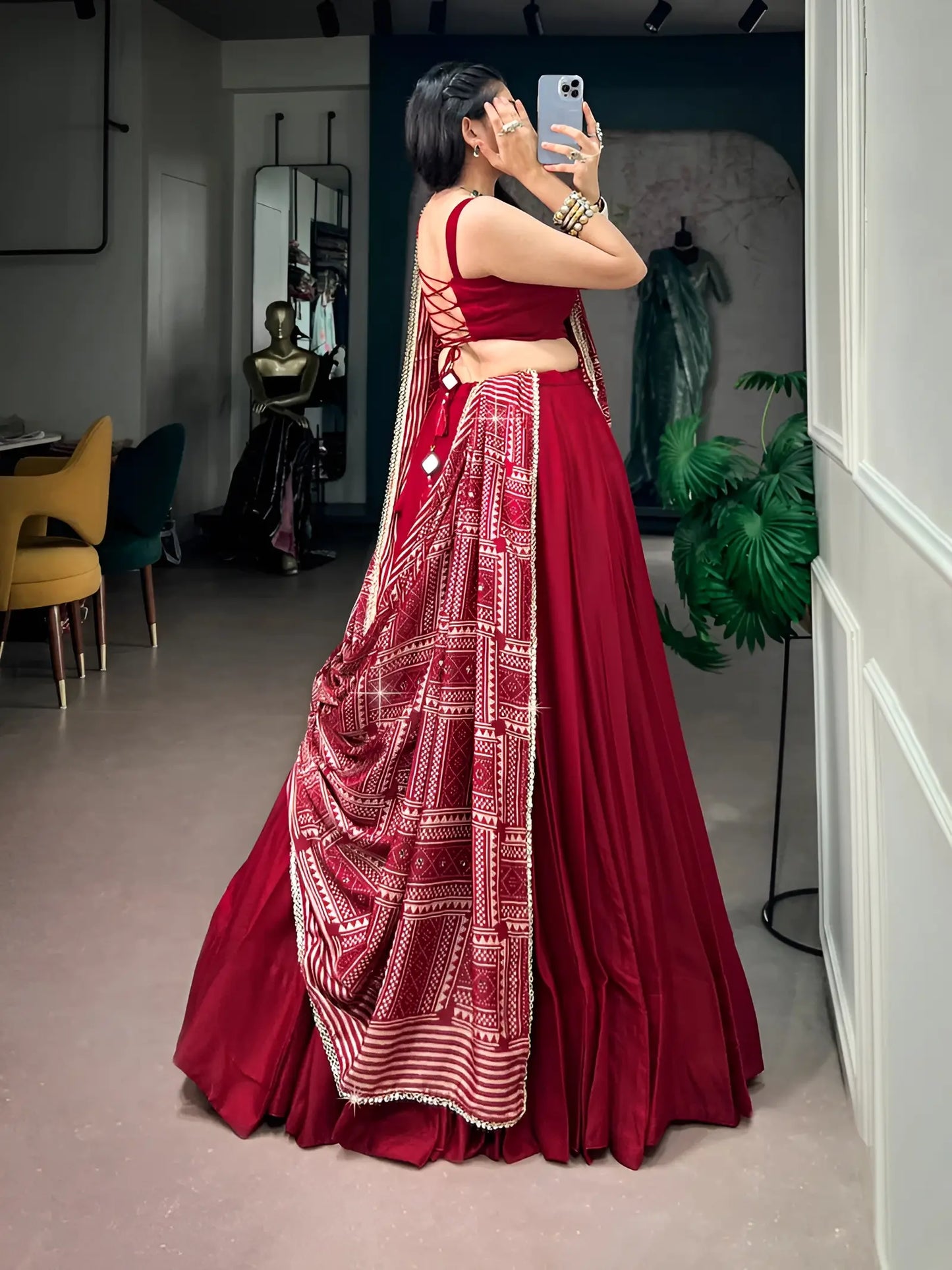 Red Navratri Chaniya Choli With Printed Dupatta
