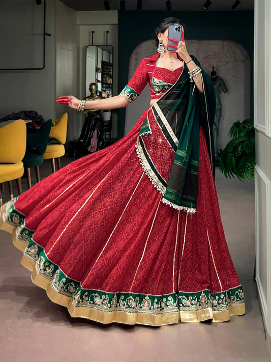 Red Navratri Lehenga With Print & Lace Touch Up